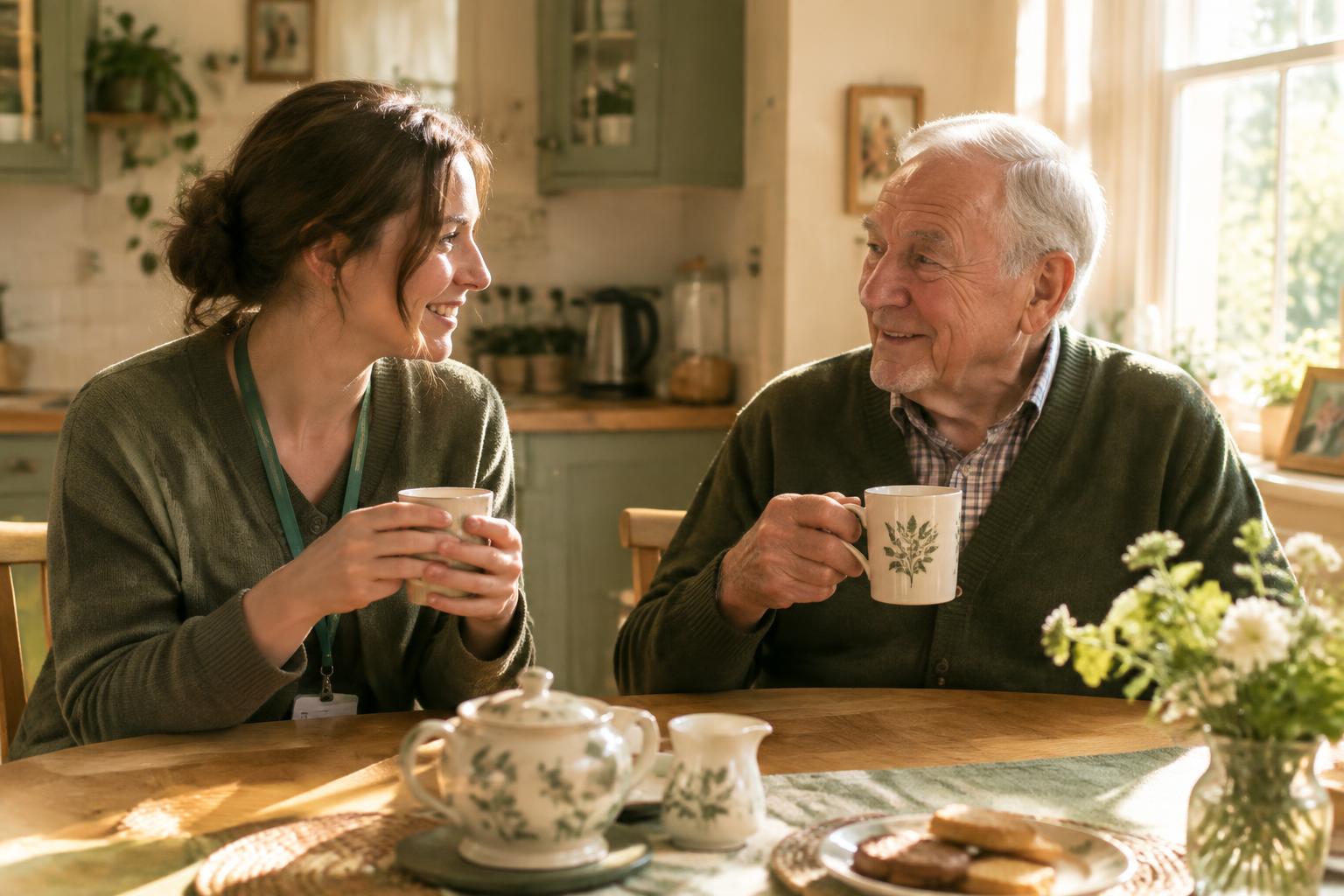 A support worker sharing a cup of tea with an elderly client at a sunlit kitchen table